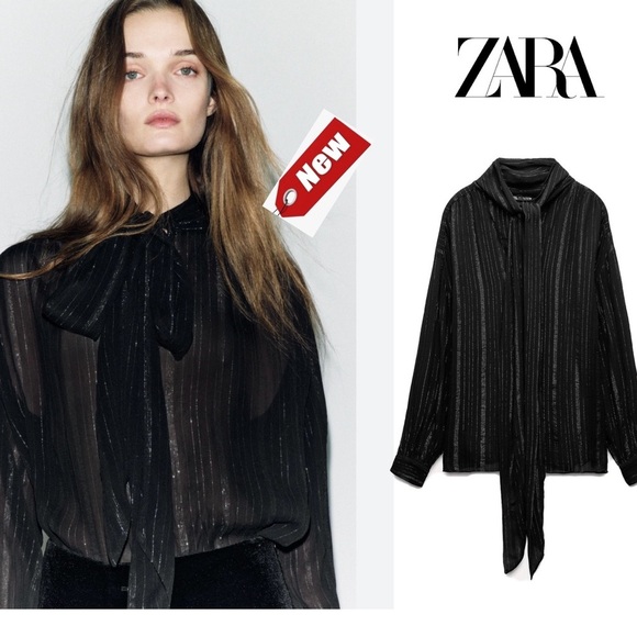 Zara ZW Collection black silver metallic thread chiffon blouse neck tie Sz M NWT - Picture 14 of 14